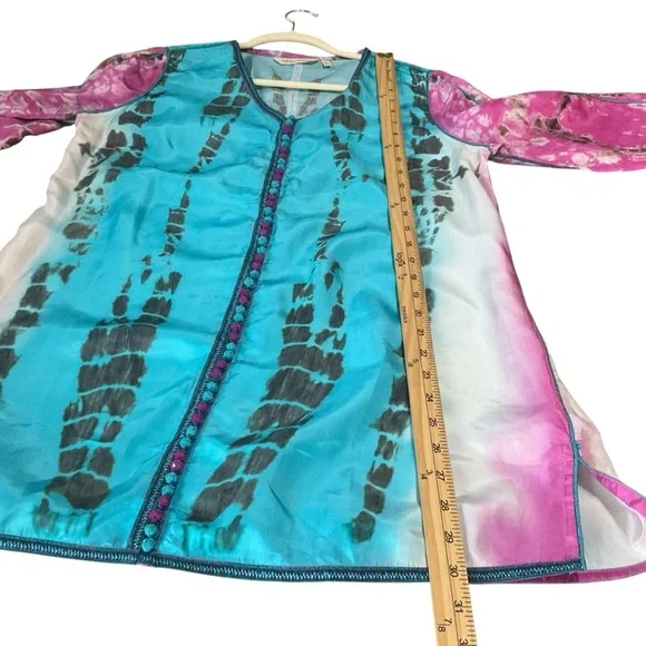 Soft Surroundings Silk Tie-Dye Tunic Top Blue Pink Sheer Button Front Size M - Picture 7 of 8